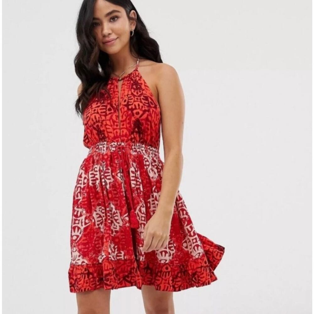Free People Red Beach Day Halter Minidress Sundress Women's Size Medium‎